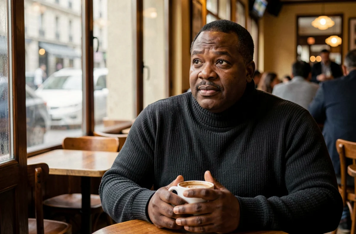 Humoriste réfléchissant seul dans un café parisien, symbole du besoin d'intimité et de discrétion pour les célébrités