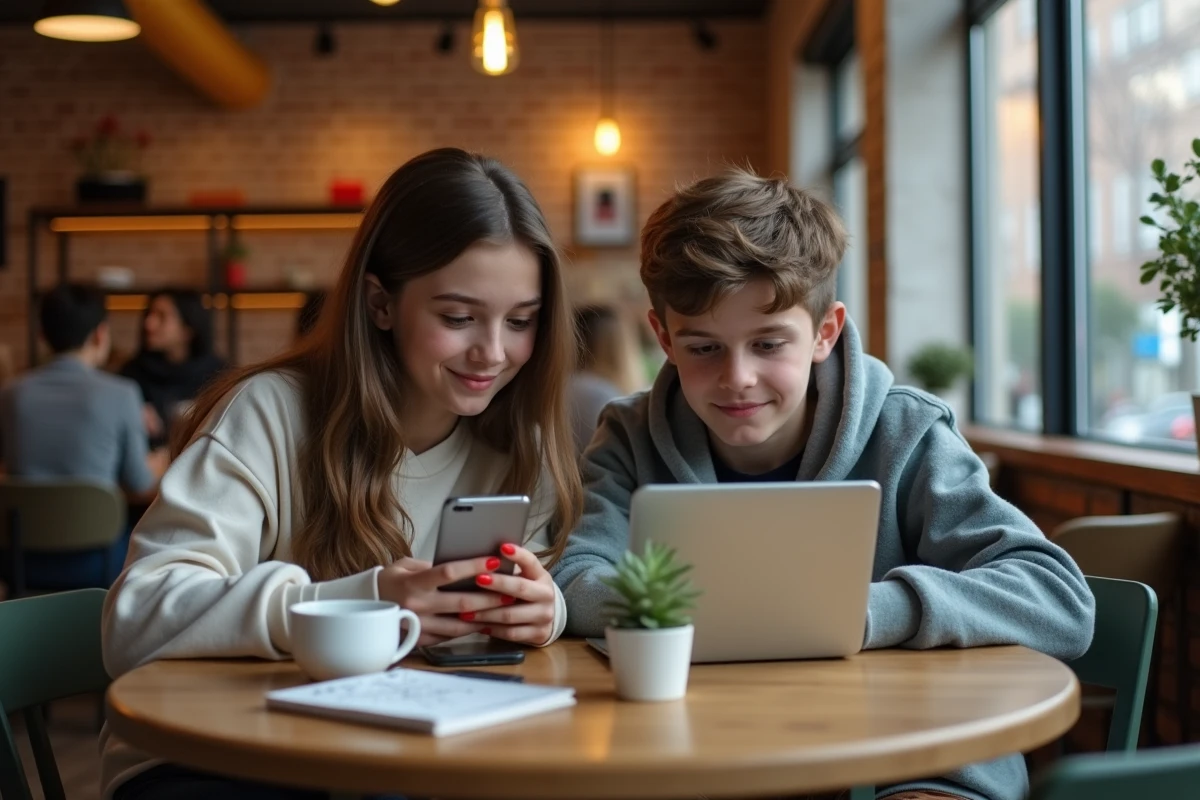 Deux adolescents dans un café consultent ensemble des idées cadeaux sur leurs appareils numériques