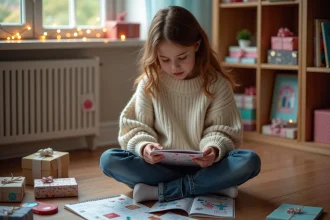 Adolescente assise sur le sol de sa chambre, entourée de cadeaux et feuilletant un carnet de souhaits coloré