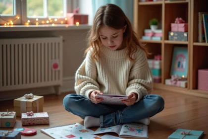 Adolescente assise sur le sol de sa chambre, entourée de cadeaux et feuilletant un carnet de souhaits coloré