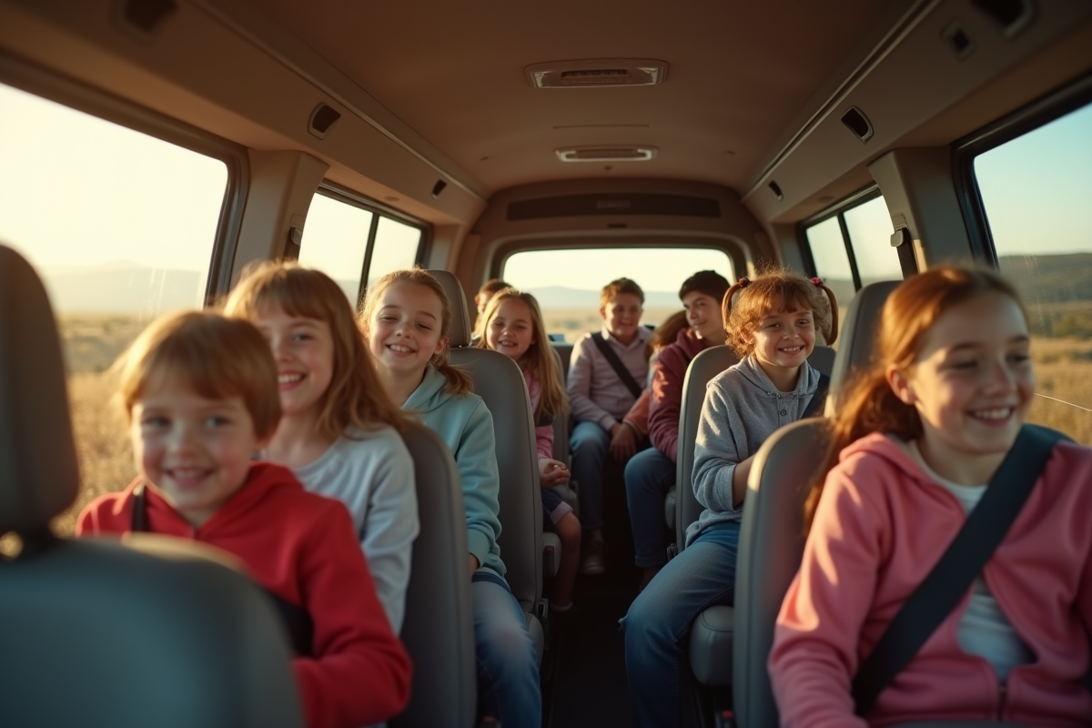Enfants et adultes souriants dans un van en voyage