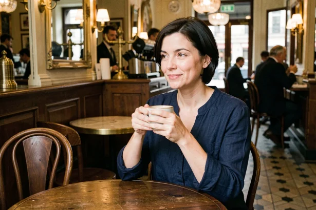 Femme artiste française pensive attablée dans un café parisien, illustrant la vie privée et les rumeurs autour de Jeanne Cherhal