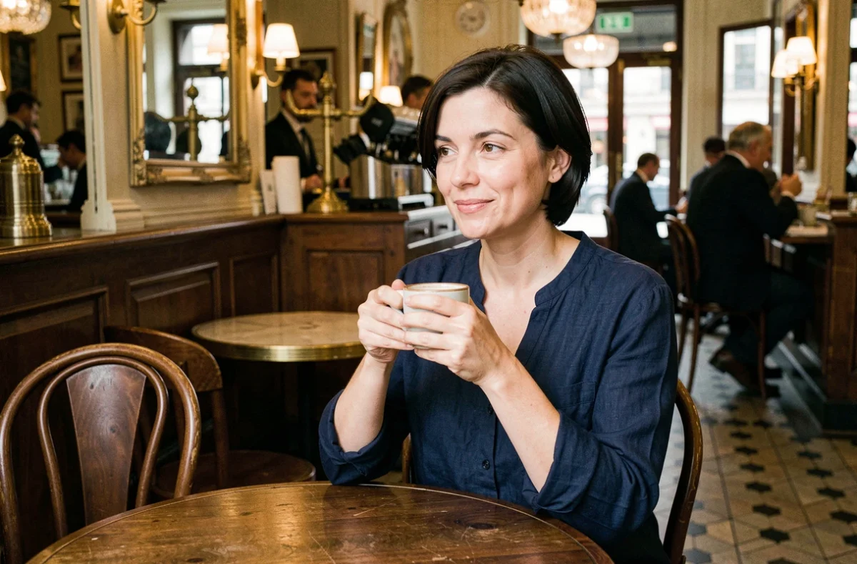 Femme artiste française pensive attablée dans un café parisien, illustrant la vie privée et les rumeurs autour de Jeanne Cherhal