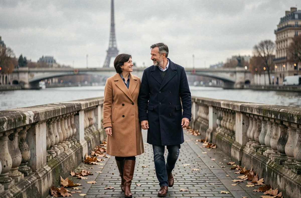 Couple se promenant au bord de la Seine à Paris, illustrant les rumeurs et questions sur la vie amoureuse de Jeanne Cherhal