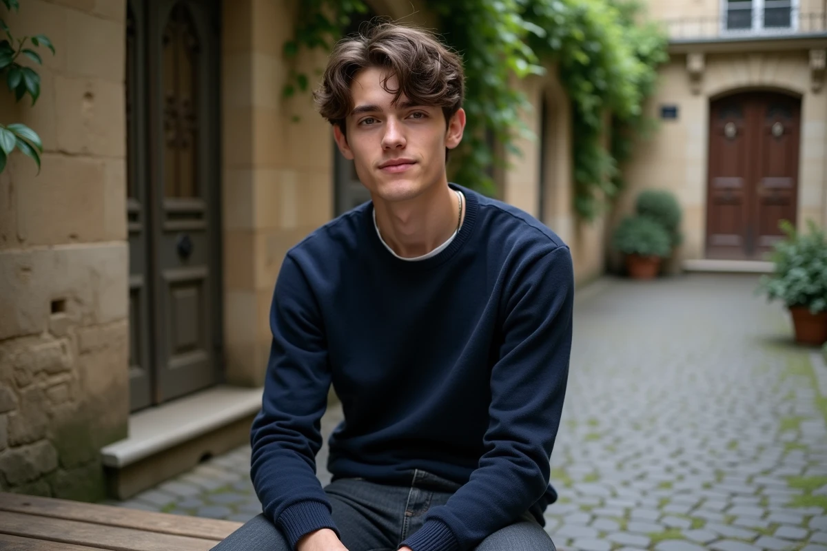 Jeune acteur français assis dans une cour parisienne, potentiel fils d'actrice célèbre dans les séries TV françaises