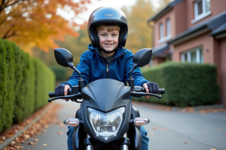 Jeune garçon de 14 ans souriant sur une moto 50cc en extérieur