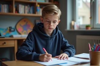 Adolescent concentré sur ses devoirs dans une chambre ordonnee