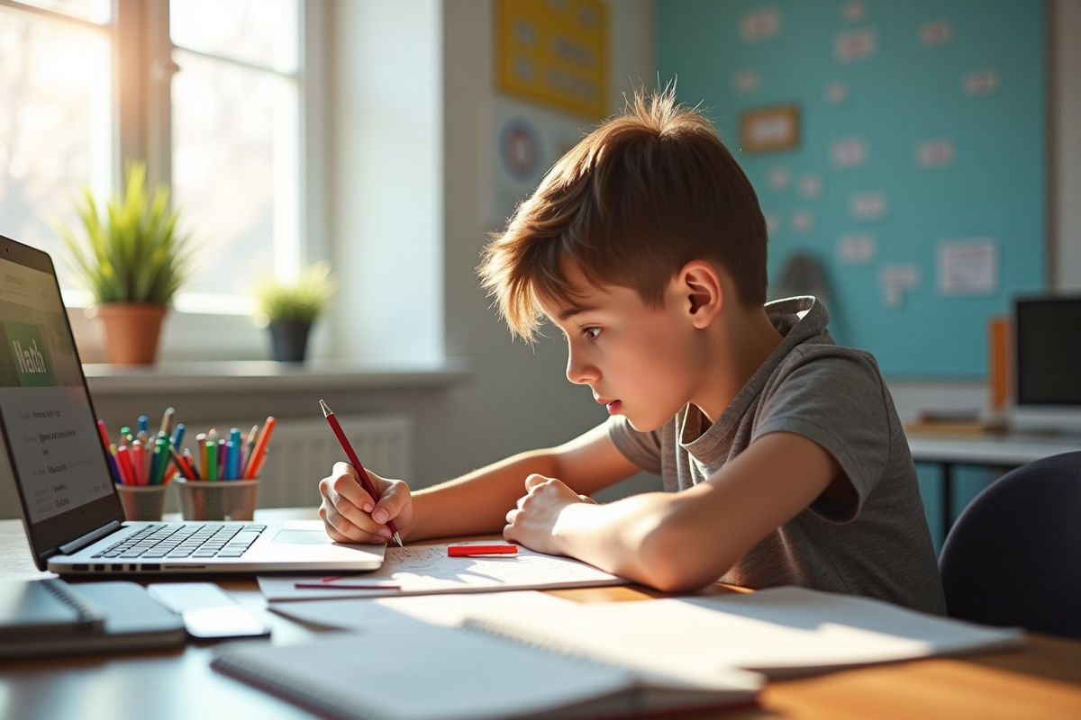 Jeune étudiant travaillant sur des problèmes de mathématiques à un bureau lumineux