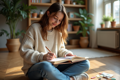 Jeune femme en sweater dessinant dans un salon lumineux