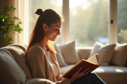 Jeune femme souriante lisant dans un salon lumineux