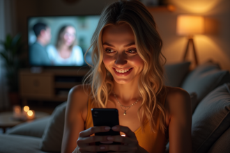 Jeune femme souriante dans un salon regardant son téléphone