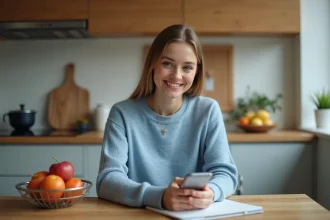 Jeune femme souriante utilisant son smartphone dans la cuisine