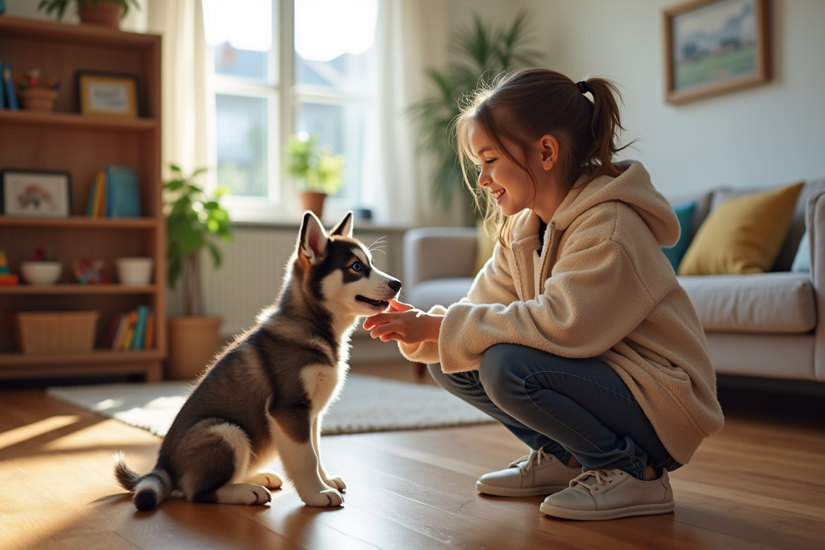 Jeune fille souriante avec un chiot berger husky dans la maison