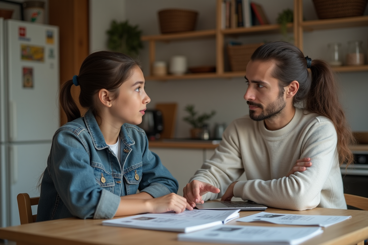Jeune fille et son père discutant à la maison