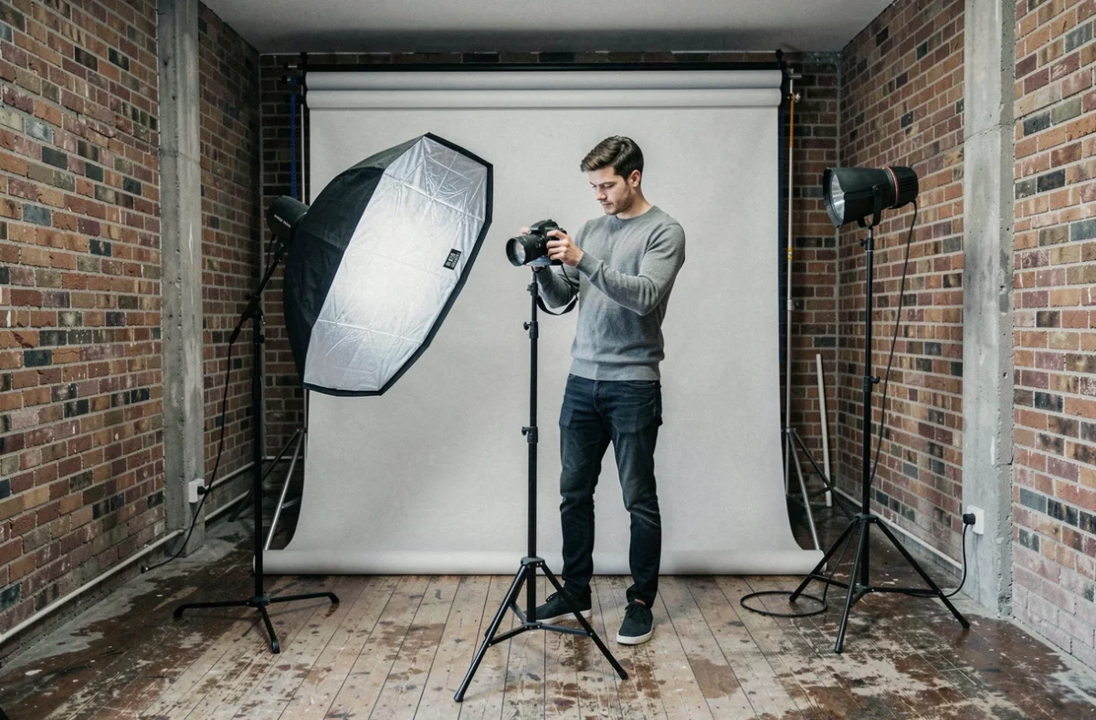 Jeune photographe préparant un studio photo abordable dans un espace urbain