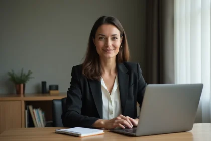 Femme journaliste dans un bureau privé minimaliste, incarnant la discrétion et la vie privée préservée malgré la notoriété médiatique