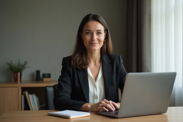 Femme journaliste dans un bureau privé minimaliste, incarnant la discrétion et la vie privée préservée malgré la notoriété médiatique