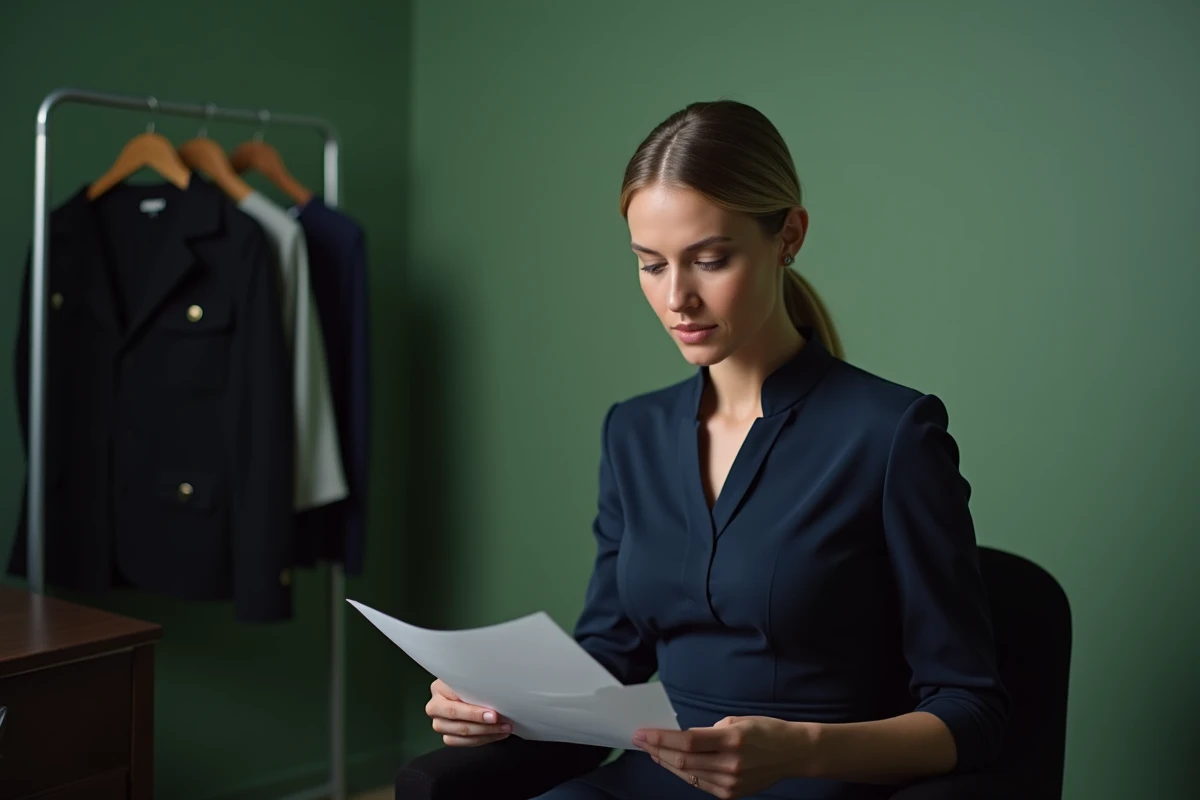 Journaliste femme dans une loge télévisée consultant ses notes, symbolisant la frontière entre exposition médiatique et intimité préservée
