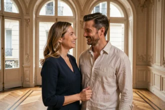 Couple élégant souriant dans un appartement parisien classique, illustrant la vie privée de Julie Fuchs et son mari