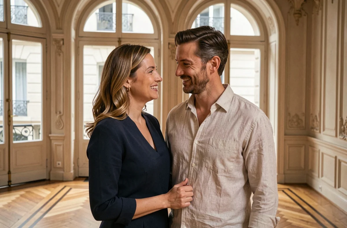 Couple élégant souriant dans un appartement parisien classique, illustrant la vie privée de Julie Fuchs et son mari