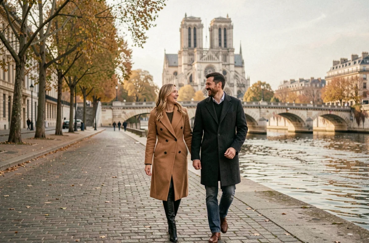 Couple se promenant au bord de la Seine à Paris en automne, évoquant la vie hors scène de la soprano Julie Fuchs et son mari