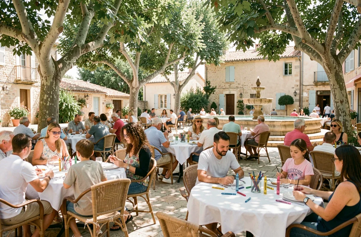 Terrasse ombragée de La Brasserie des Lonnes à Châteaurenard, familles attablées avec enfants dessinant sur nappes en papier sous les platanes