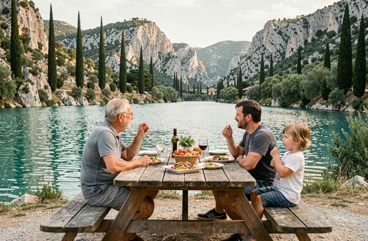 Restaurant La Fringale aux Salles-sur-Verdon, famille déjeunant en terrasse avec vue sur les eaux turquoise du lac de Sainte-Croix entouré de collines provençales