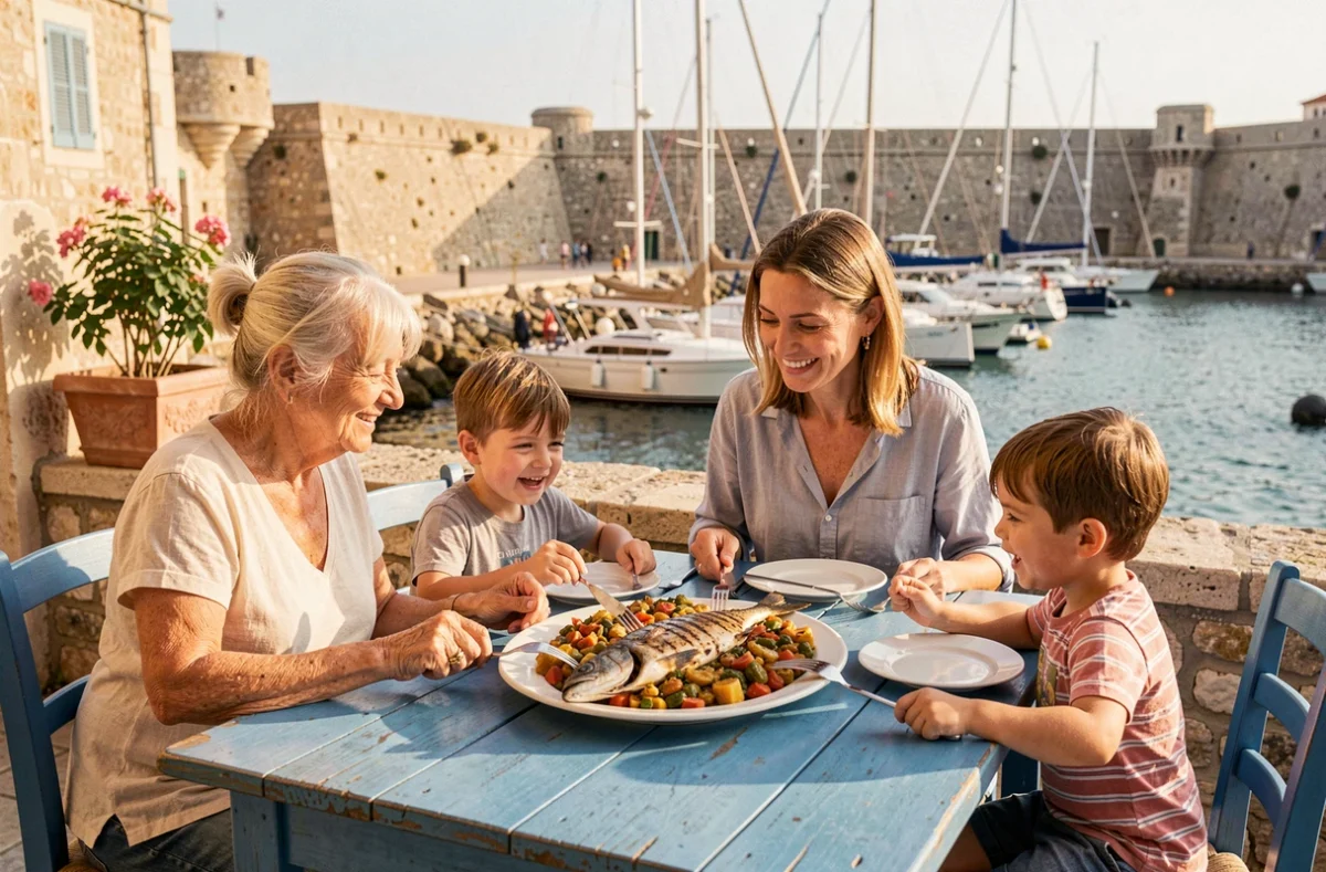 La Petite Escale à Antibes, repas multigénérationnel en terrasse au bord du vieux port avec vue sur les voiliers et les remparts historiques