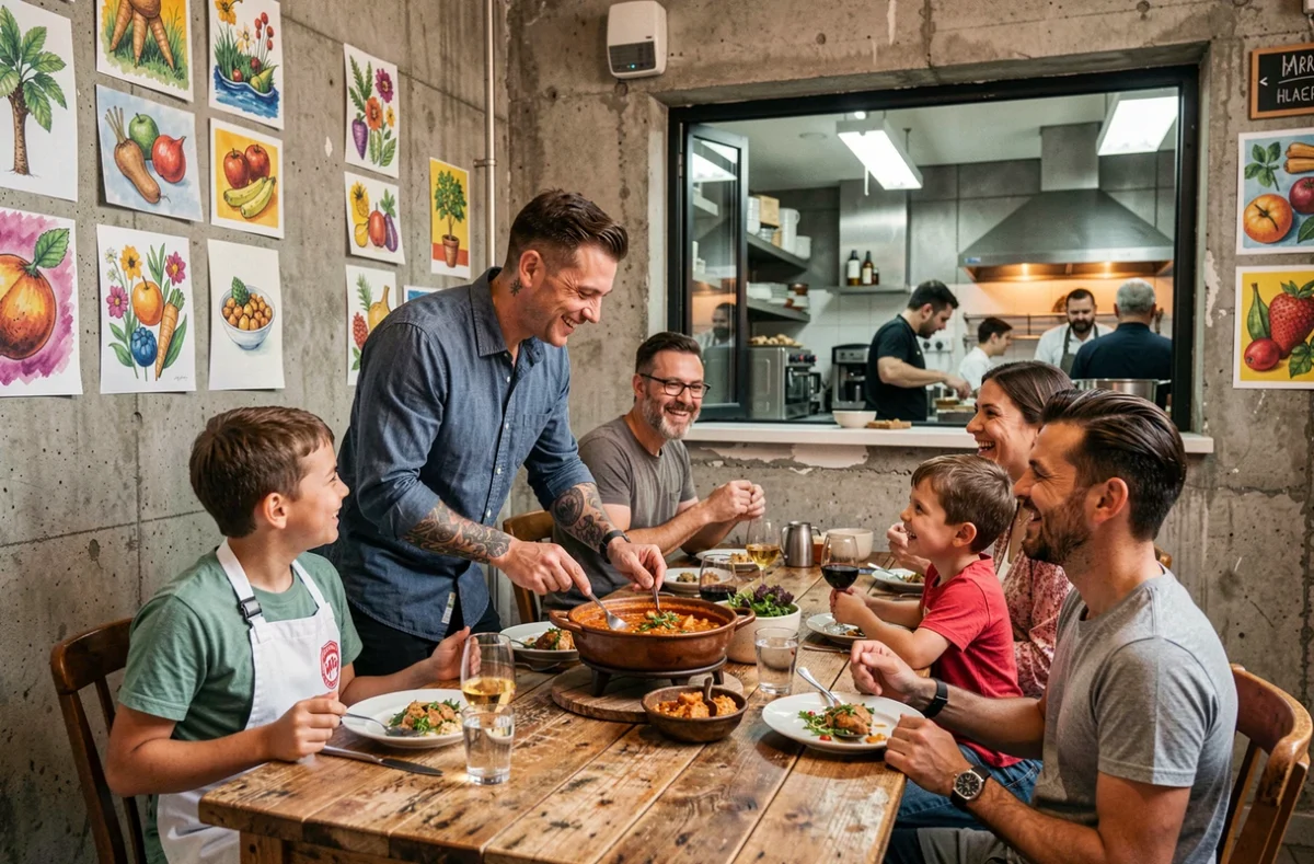 La Table de Pol à Marseille, serveur apportant un plateau de plats méditerranéens dont de la bouillabaisse à une famille animée dans un cadre restaurant contemporain urbain