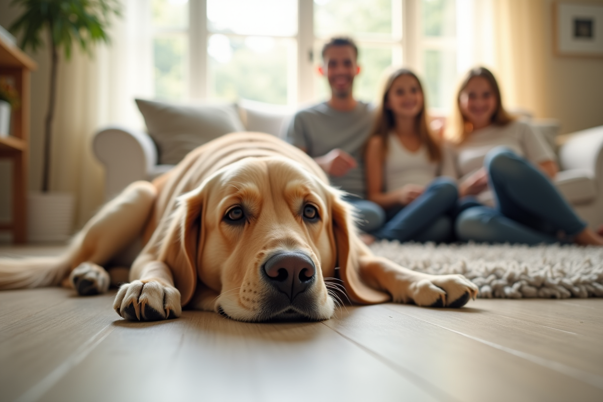 Labrador couché paisiblement dans un salon lumineux avec famille