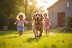 Labrador à poil long jouant avec des enfants dans un jardin ensoleille