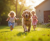 Labrador à poil long jouant avec des enfants dans un jardin ensoleille