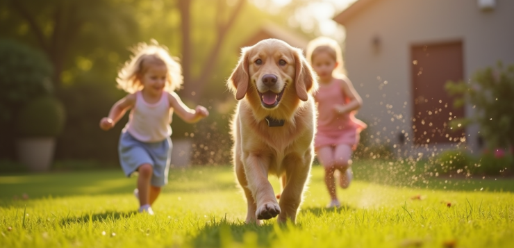 Labrador à poil long jouant avec des enfants dans un jardin ensoleille