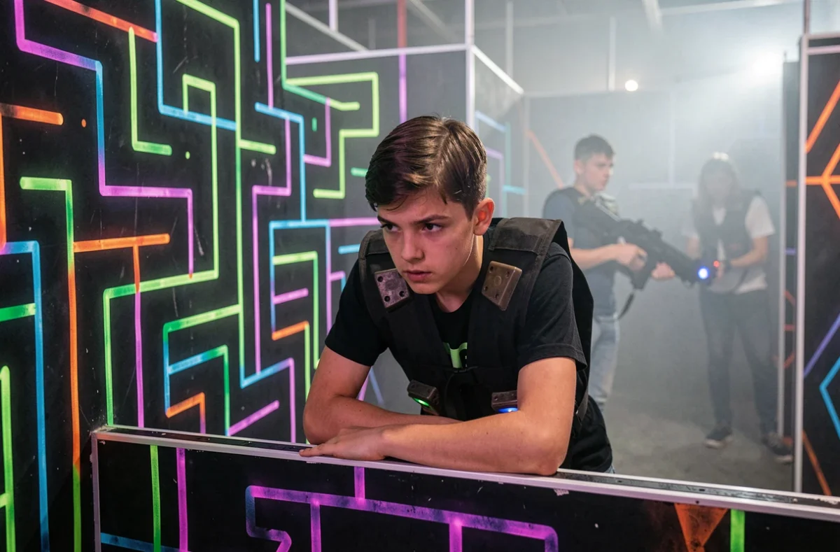 Adolescent en pleine partie de laser game dans l'arène de Lasergames Angers
