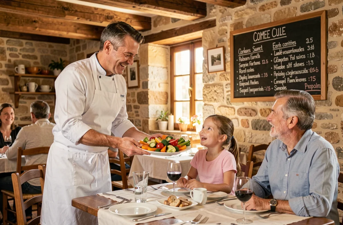 Chef de Le Bistrot de Mathieu à Châteaurenard présentant un plat coloré à une jeune enfant entourée de sa famille dans un cadre bistrot provençal chaleureux