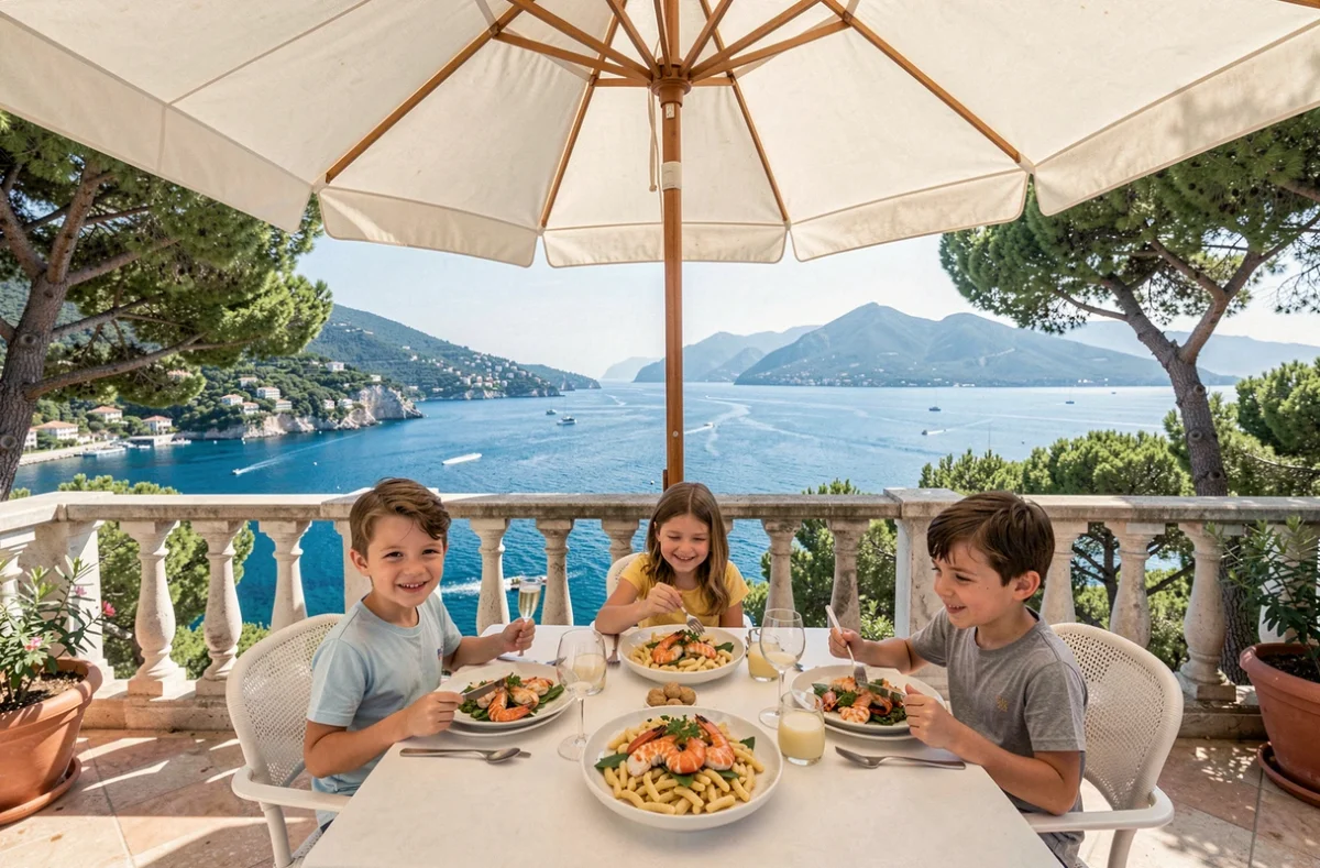 Terrasse du Petit Prince à Saint-Jean-Cap-Ferrat avec vue panoramique sur la Méditerranée, famille dégustant un repas estival face à la mer azuréenne