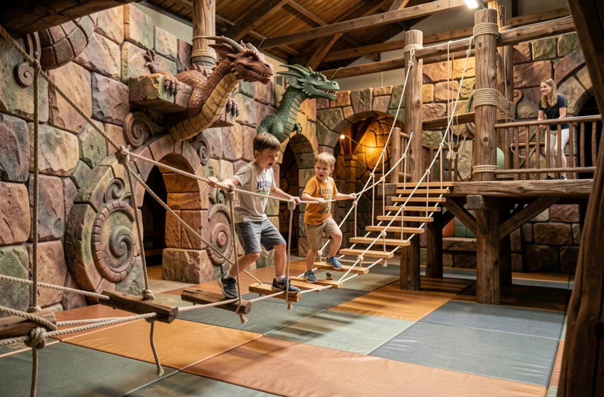 Enfants traversant un pont de corde dans le décor fantastique de Legendia Parc à Frossay