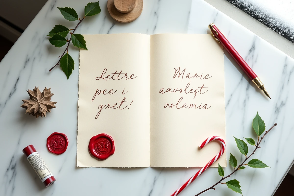 Lettre de réponse du Père Noël bilingue en français et en anglais posée sur marbre blanc avec cachet de cire rouge et plume