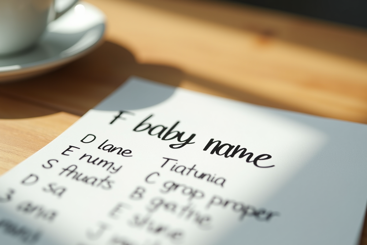 Liste manuscrite de prénoms de bébé sur une table en bois