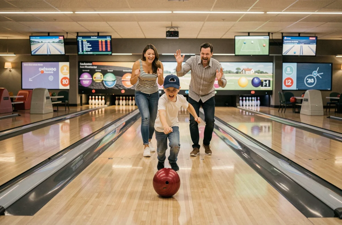 Famille jouant au bowling dans l'espace de loisirs Loisirs Côte d'Amour à Guérande