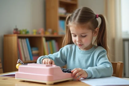 Petite fille apprenant à taper sur une machine à écrire jouet rose pastel posée sur un bureau en bois dans une chambre d'enfant cosy