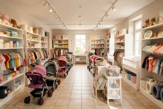 Intérieur d'un magasin de puériculture en Bourgogne-Franche-Comté avec poussettes, mobilier bébé et jouets colorés
