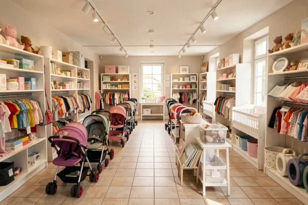 Intérieur d'un magasin de puériculture en Bourgogne-Franche-Comté avec poussettes, mobilier bébé et jouets colorés