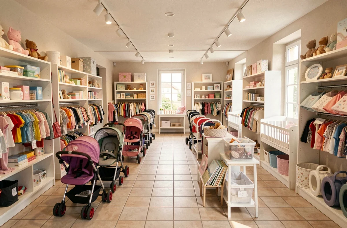 Intérieur d'un magasin de puériculture en Bourgogne-Franche-Comté avec poussettes, mobilier bébé et jouets colorés