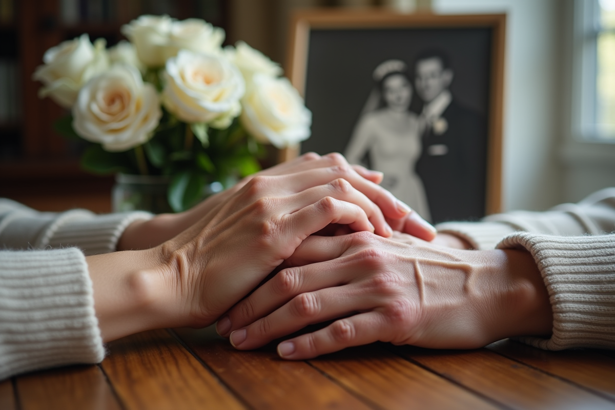 Mains ridées reposant sur une table en bois avec roses blanches