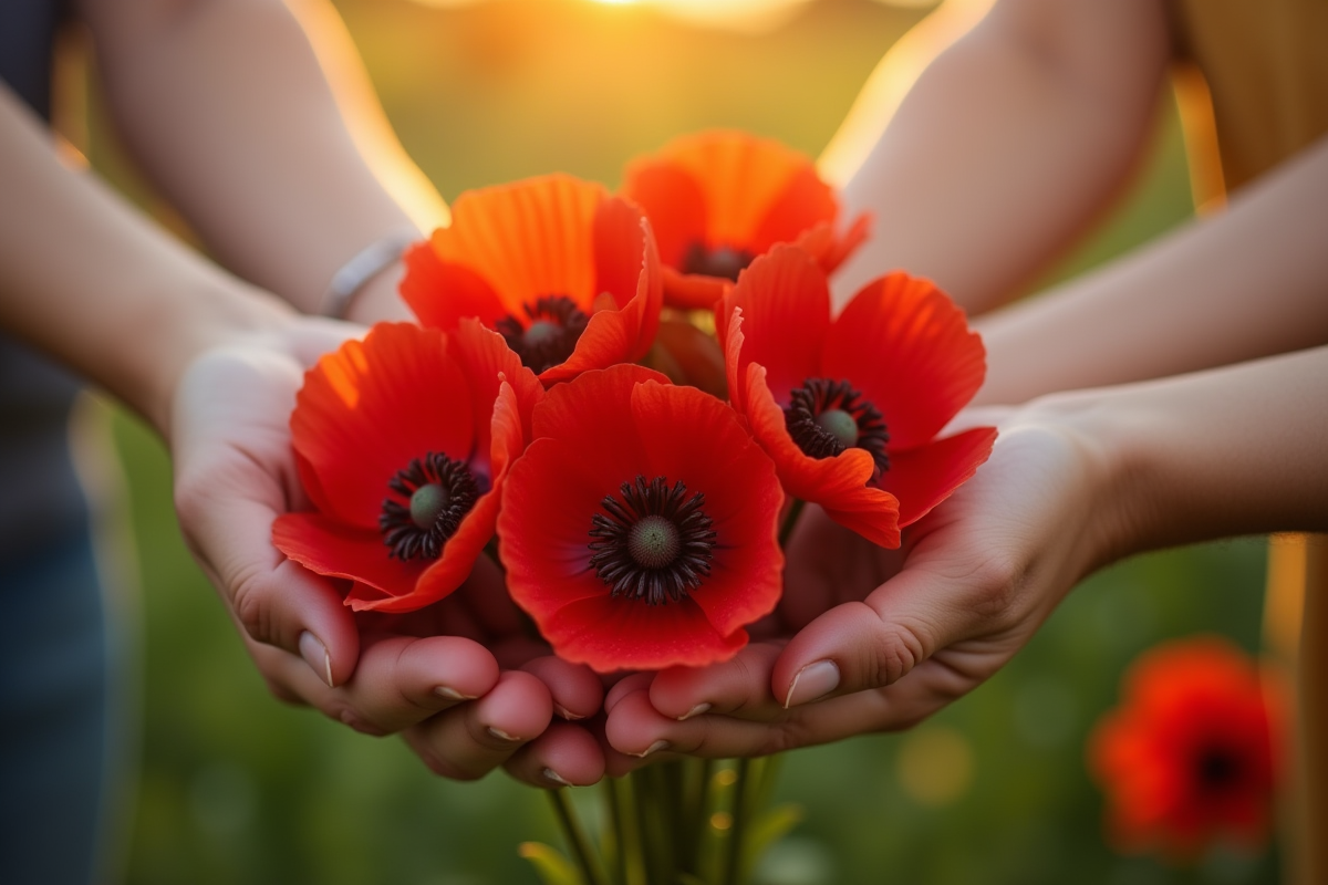 Gros plan de mains tenant un bouquet de coquelicots sous la lumière du soleil