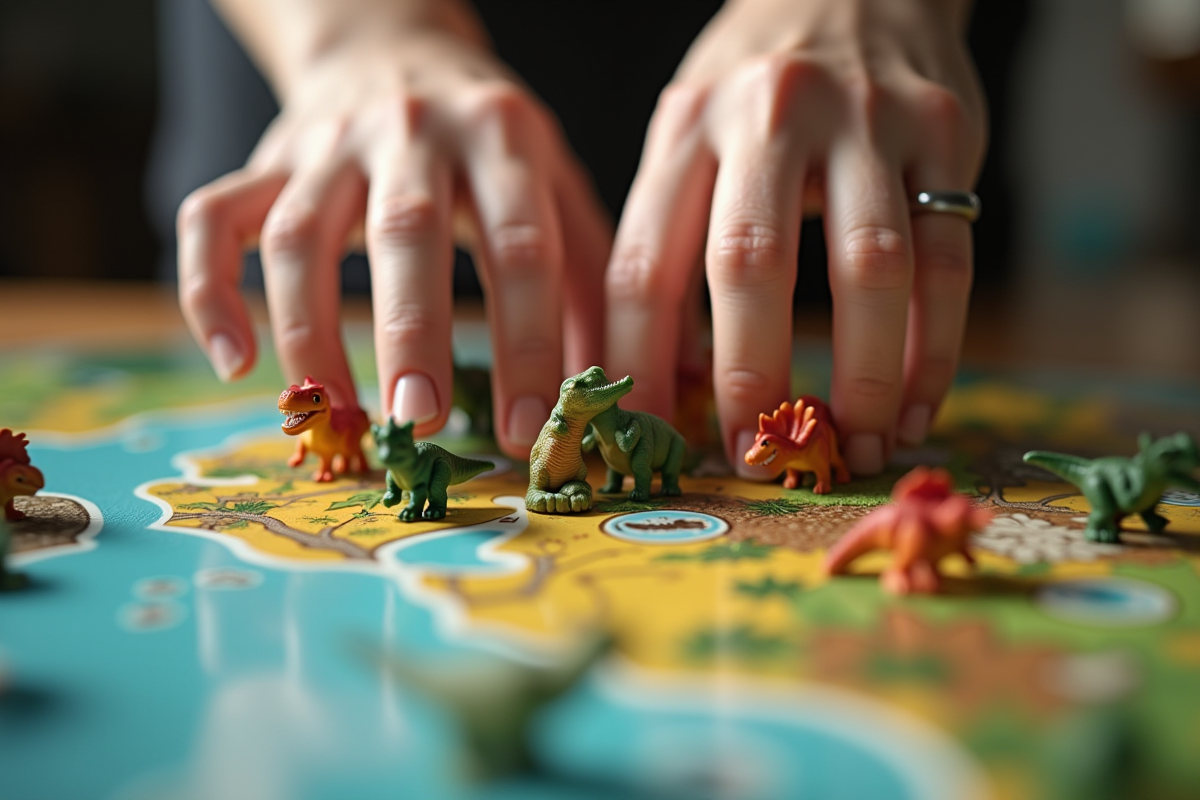 Mains atteignant des pièces de jeu dinosaure sur un plateau coloré