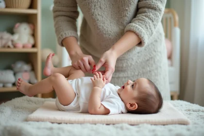 Jeune maman changeant son bébé dans une nurserie chaleureuse