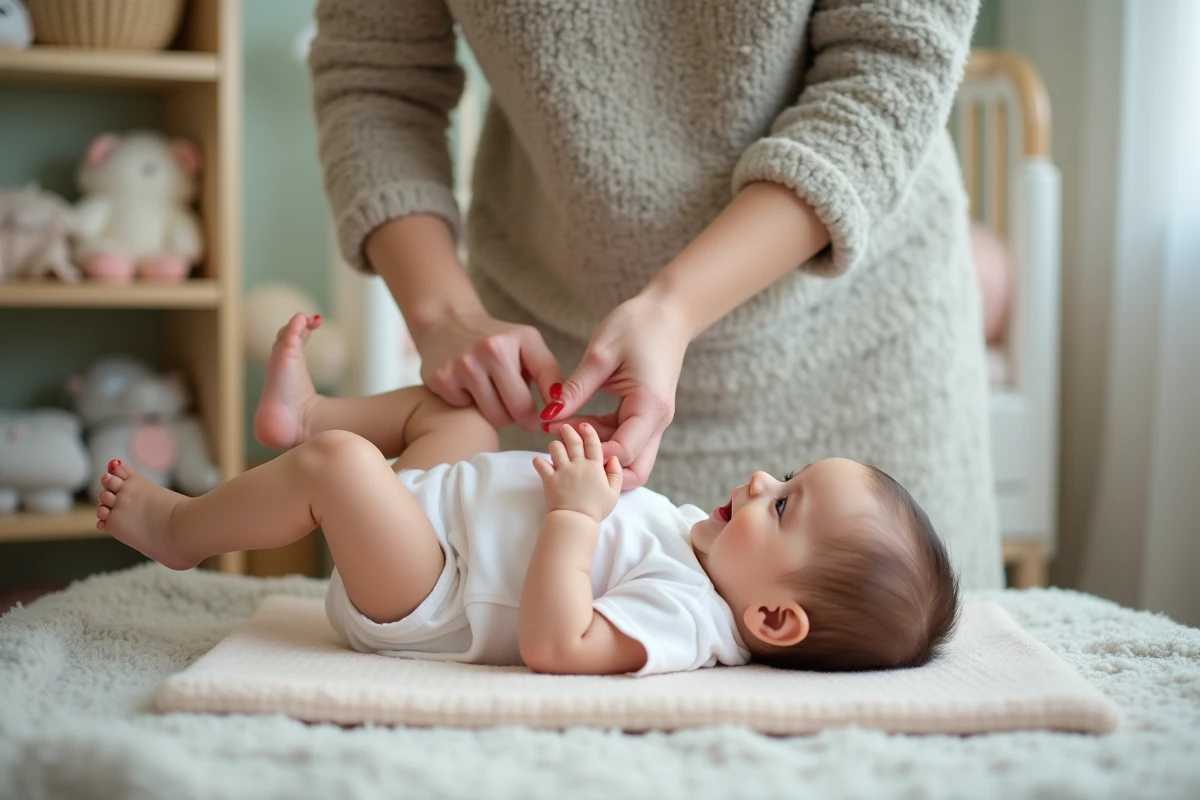 Jeune maman changeant son bébé dans une nurserie chaleureuse