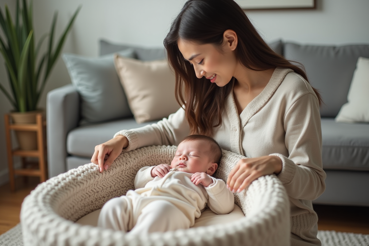 Maman dépose tendrement sa bébé dans le bassinet